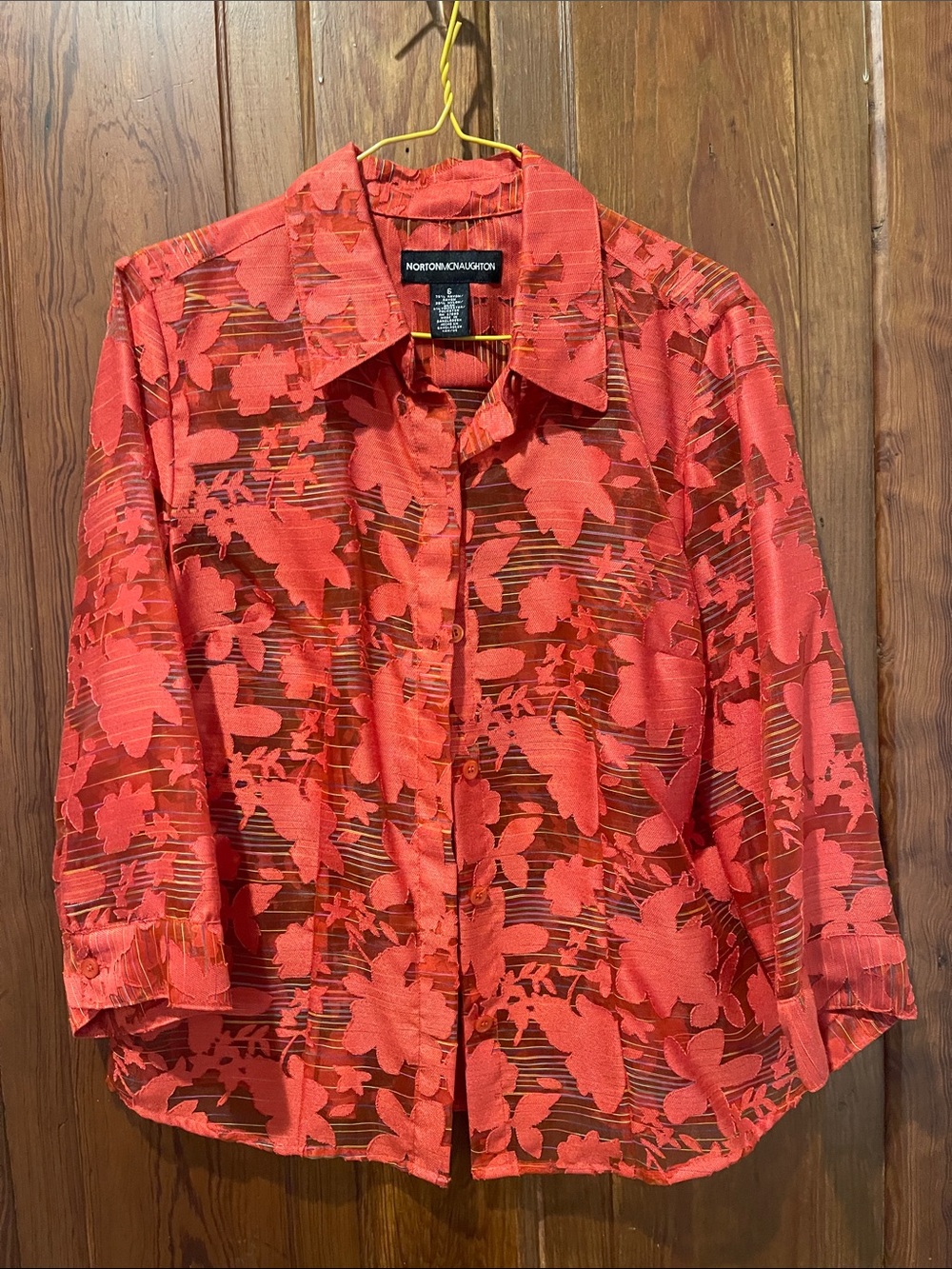 Norton McNaughton Coral Red Floral Button-Front Blouse